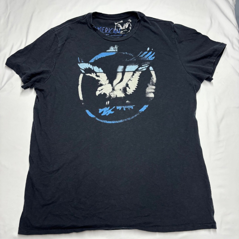 American Eagle Outfitters Black Distressed Graphic Eagle T-Shirt Mens XL